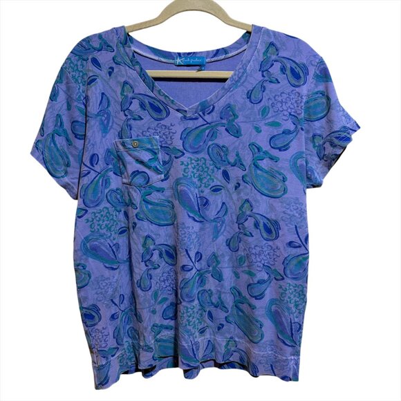 Fresh Produce Purple Paisley Fish Print Pattern Pocket V Neck Tee Shirt Cotton - Picture 1 of 7